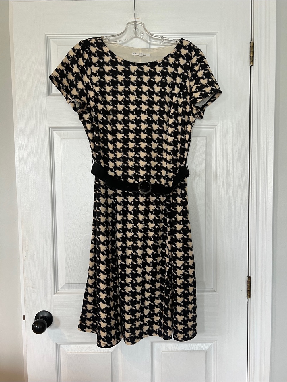 cleo Black and Cream Houndstooth Fit-and-Flare Dress with Belt Detail
